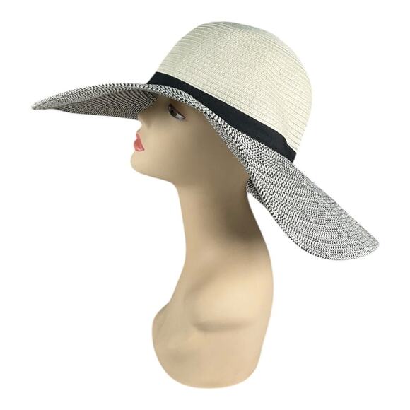 Calvin Klein Wide Brim Straw Sun Hat Drawstring Adjustable Black White Old Money main image 6